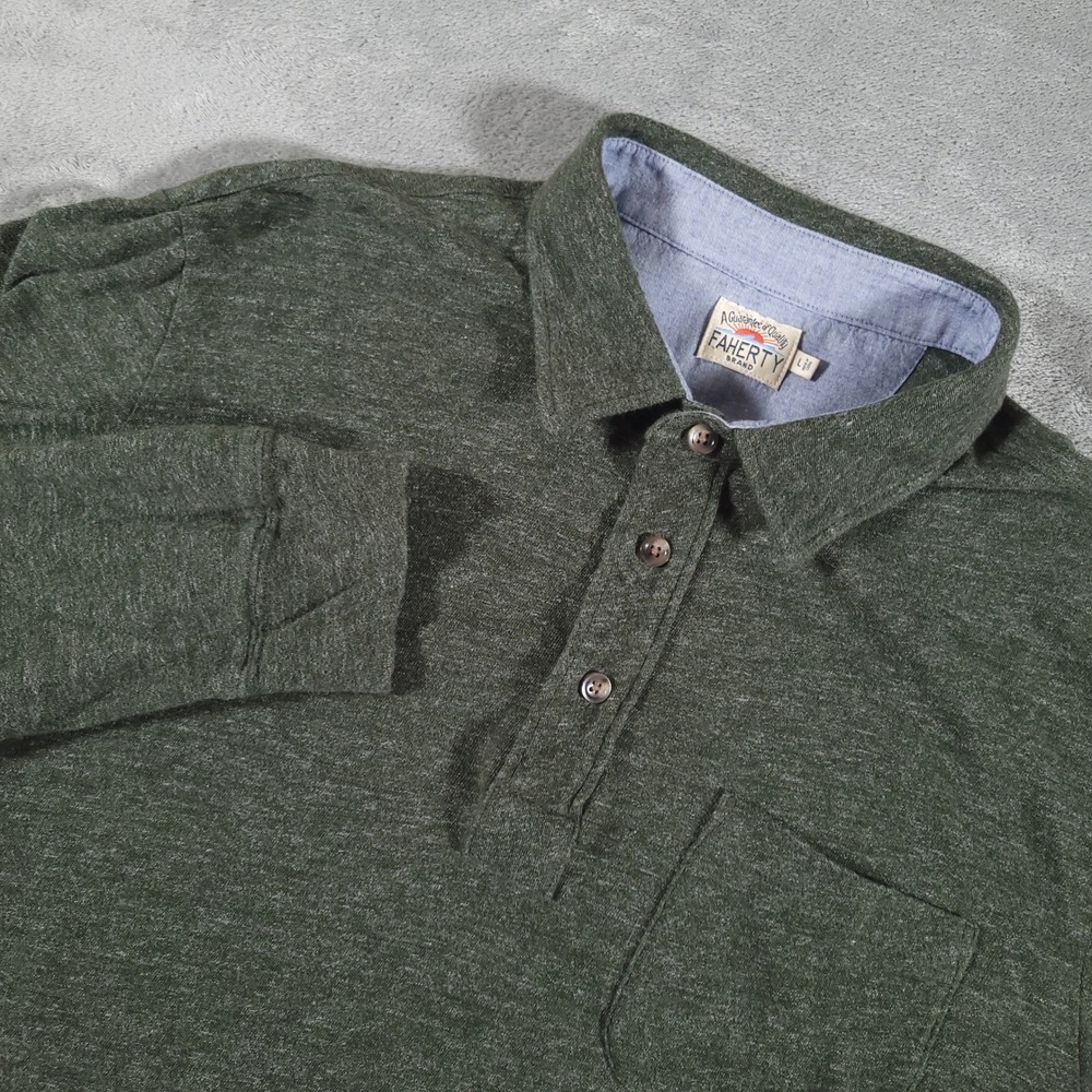 Faherty Shirt Mens Large Green Long Sleeve Polo Slub Cotton Pocket Casual
